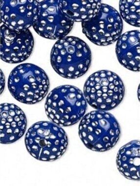 20 Retro Cobalt Blue Silver Polka Dot 10mm Round Beads